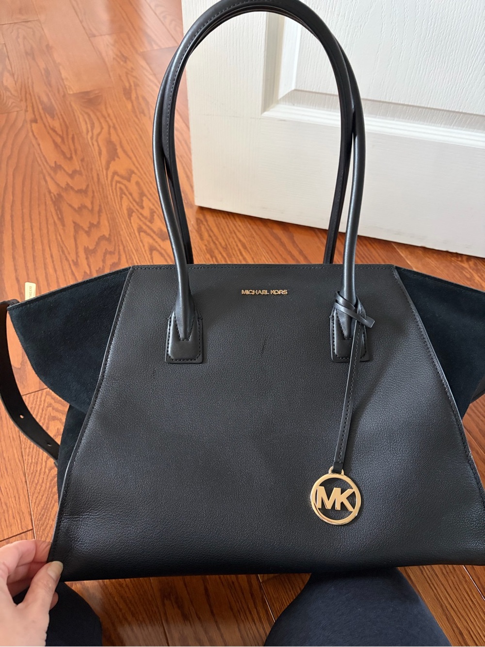 Michael Kors Black Leather Tote with Gold MK Charm